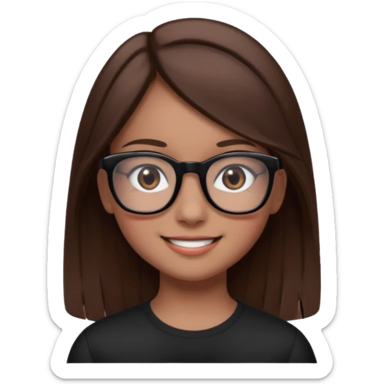 une ado, brune aux cheuveux tres fonces longs lisses blanche, ,lunettes carres noires, yeux bruns fonces joues rose sticker