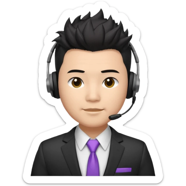 asian man headset suit face only spikey hair in front dark hair gay shirt chubbier face sticker