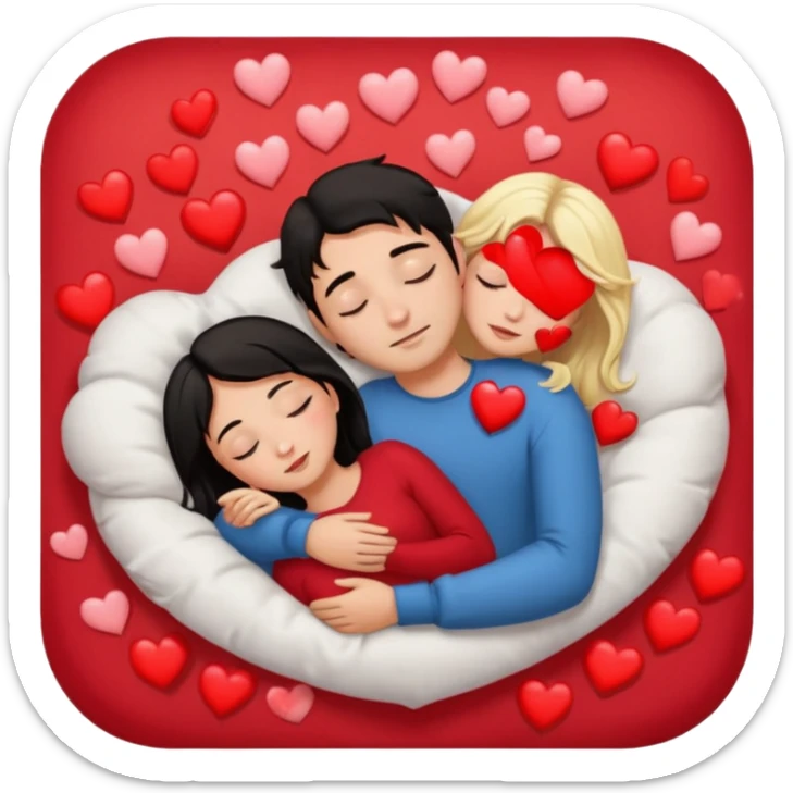 Sleeping romance couple. man has dark hair. woman is blonde. hearts around them. sticker