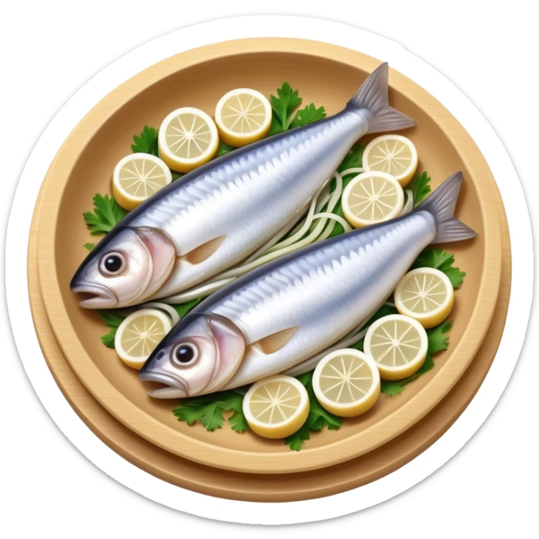 Cinematic Realistic Herring Dish Emoji, showcasing a traditional preparation of fresh herring with onions rendered with lifelike detail and cool, crisp lighting. sticker
