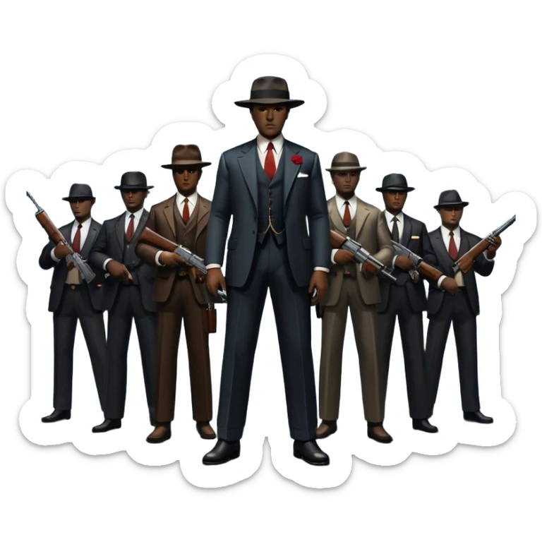 Vintage noir poster with Don Corleone surrounded by gangsters holding Thompson submachine guns. Dark and moody atmosphere with shadows, suits, and a mysterious vibe. Background features New York skyscrapers, adding to the gritty, classic gangster film feel. Transparent background. sticker