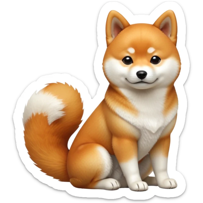 cinematic-[shiba inu]-realistic-full-body-sitting-emoji,-tail-resting-loosely-beside-its-paws,-head-tilted-dramatically, -fluffy-[orange white]-fur,-simplified-yet-realistic-focused-features,-highly-detailed,-glowing-with-an-almost-sarcastic-glow sticker