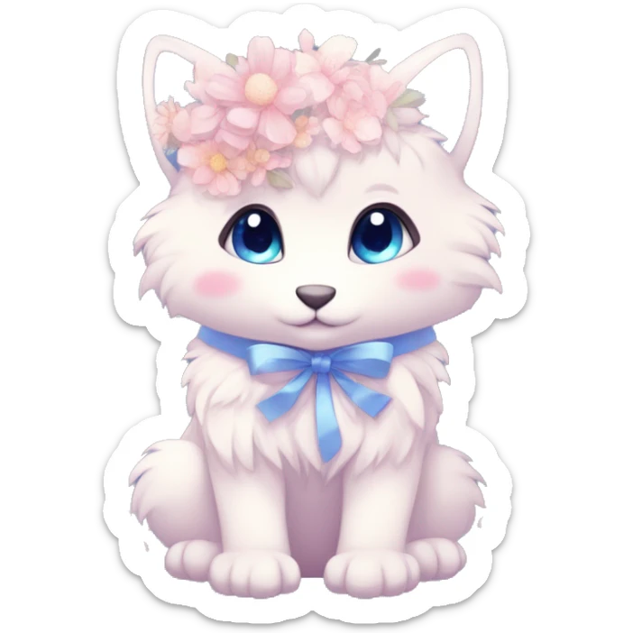 Anthro Cute Cool Blushing Pastel Innocent Shy Kawaii gorgeous sparkly ethereal fantasy anime animal creature with blue eyes furry sona with flowers and ribbons beautiful aesthetic sticker