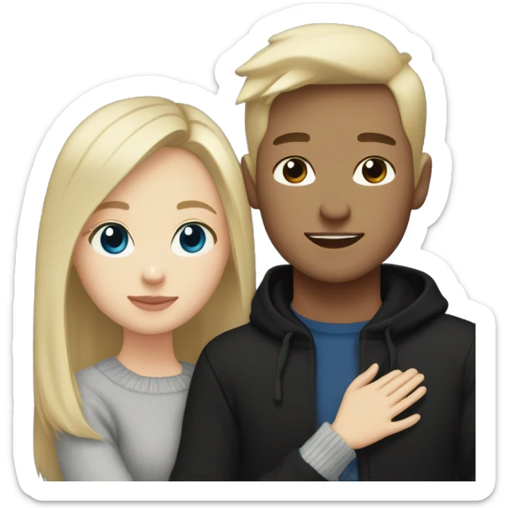 dark Blonde girl with blue eyes in black sweater and an east asian with light skin man with black hair and black eyes hugging sticker