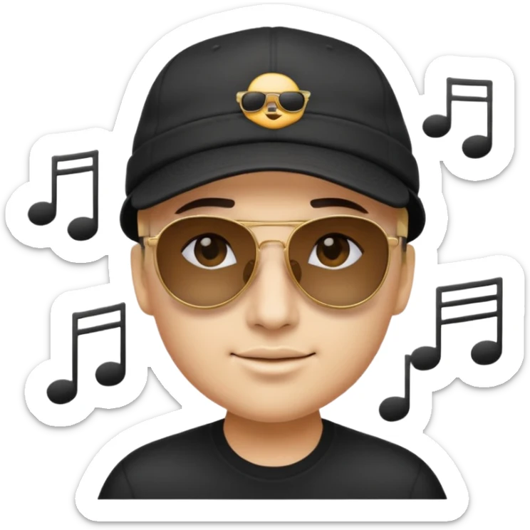 logo del álbum Trap Capos de Noriel, emoji style, face with dark sunglasses and cap, musical notes details, no text sticker