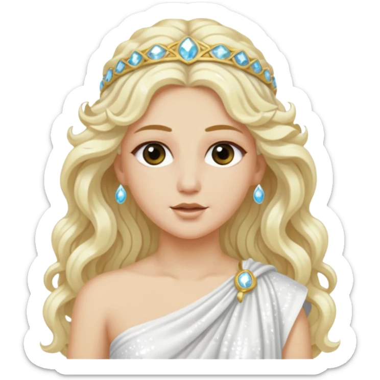 Aura, Goddess of Breeze from Roman Deities with long platinum blonde wavy hair, white sequin toga  sticker