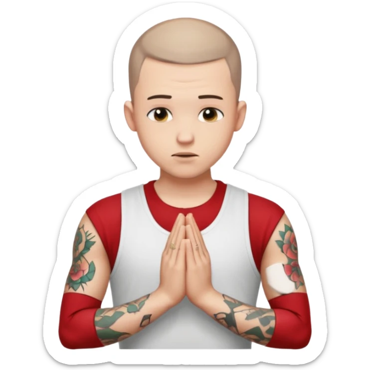 A 20 year old white man with a buzz cut and tattoos all over his arms and chest. Pleading face with hands praying wearing a white tanktop sticker