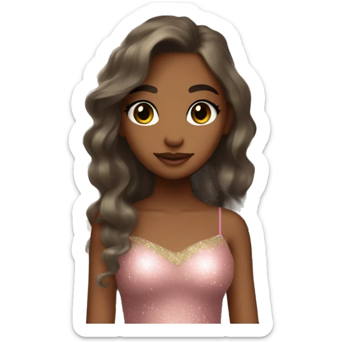Brown skin fairy with long brown hair sage green dress pink sparkly eyeshadow and long eyelashes and wings sticker