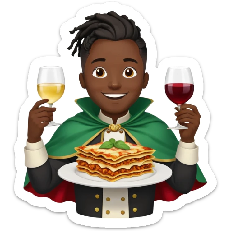  High fade widows peak ponytail dreadlock male black hair dark skin smiling and nigerian cape lasagna and wine while flying through the air sticker