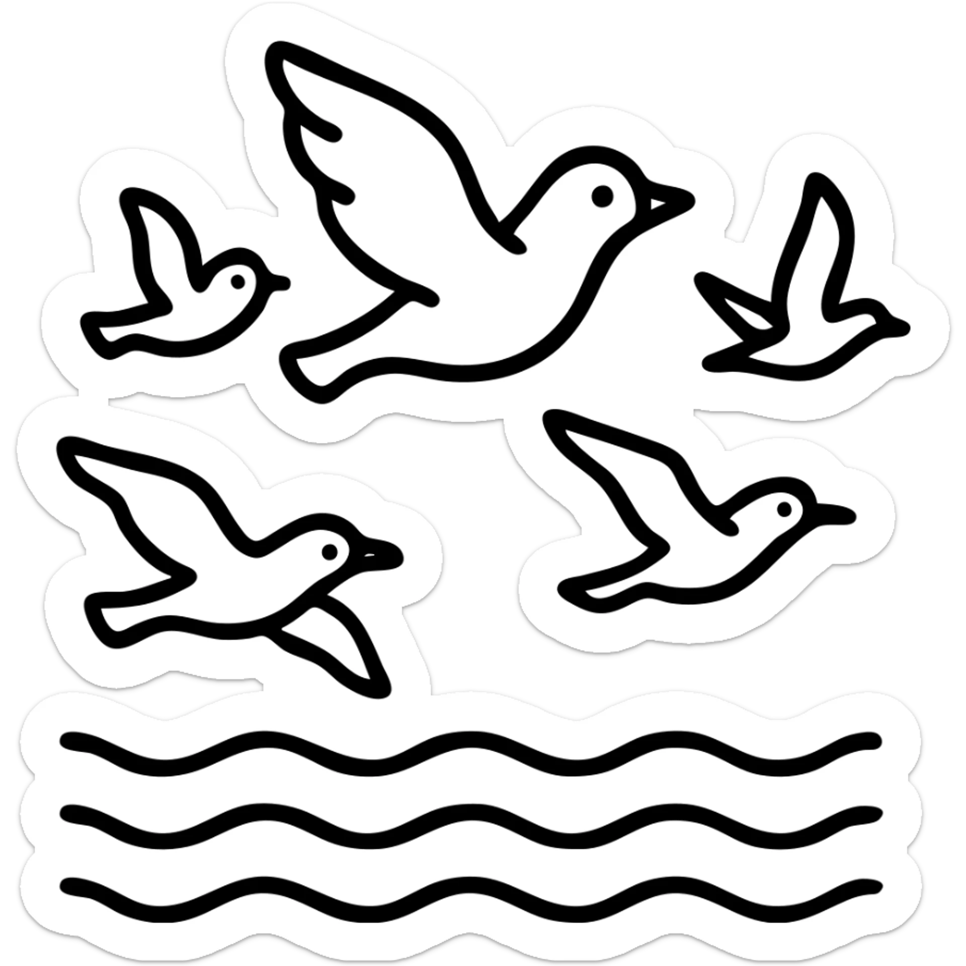 Cartoon coloring book for children. Fly over the sea birds of various species. Black and white line vector illustration. sticker