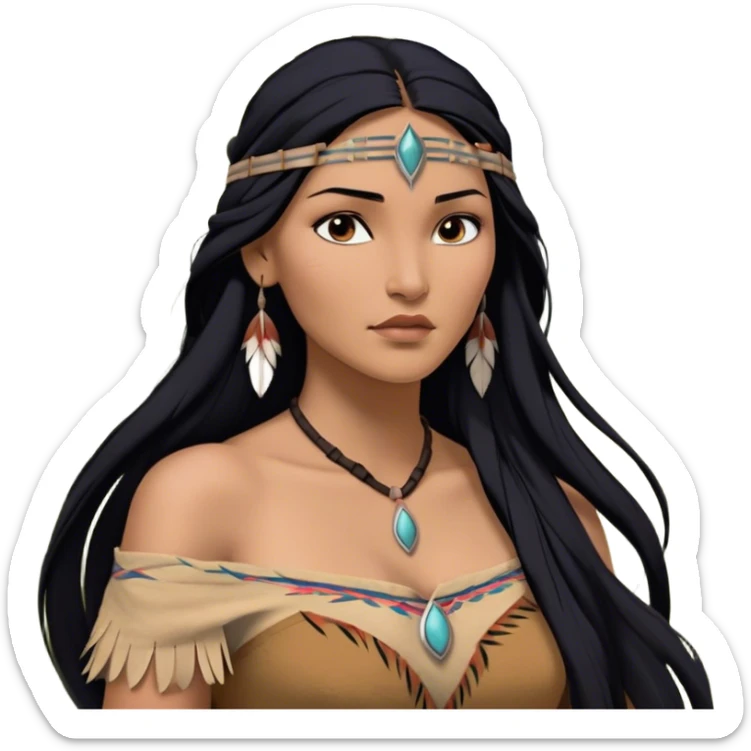 Cinematic Realistic Pocahontas Portrait, depicted with lifelike skin texture, soft natural lighting, and intricately detailed long, flowing raven-black hair that moves gracefully in the wind. Her deep, soulful dark brown eyes exude wisdom and strength, complemented by a serene yet powerful expression. She is dressed in her classic one-shoulder native american dress, with rich fabric textures and delicate beaded details that catch the light beautifully. The portrait features a soft, sun-kissed glow with a natural, radiant finish, capturing the essence of untamed beauty and deep connection to nature in a realistic and painterly style, evoking a sense of depth and authenticity. sticker