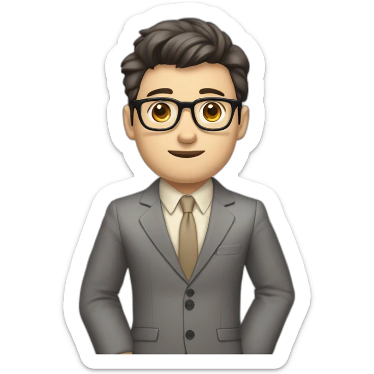 Full height Pale skinned Fit Man With dark brown hair in classic gray suit, beige office shirt, dark gray tie, and vintage glasses. Thrumbs of his palms directed up sticker
