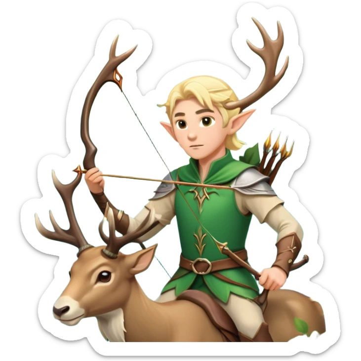 clash-of-clans-aesthetic-blond-male elf-archer-portrait-emoji, rendered in a flat, vector-style with minimal shading and bold holding his bow, simplified shapes, head tilted slightly forward with a determined, focused expression, riding a majestic stag whose antlers glow with mystical energy, set against an ancient, enchanted forest backdrop. sticker