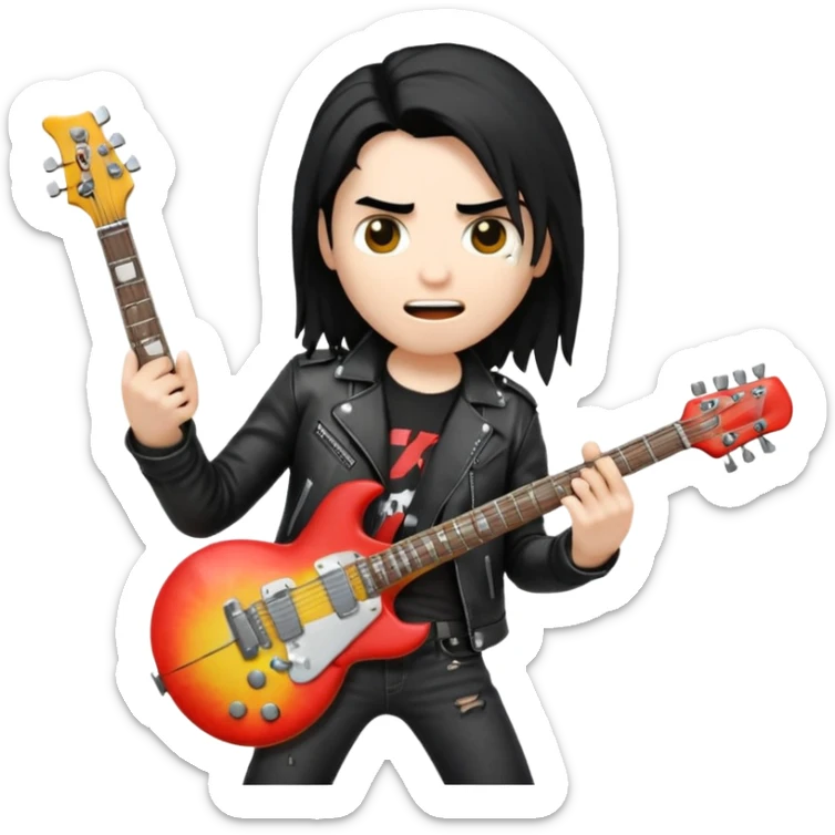 3D Apple-style emoji of a metal musician holding an electric guitar with a bold "ROCK" sign above. Long hair, black leather jacket, ripped jeans, intense expression. Rounded, glossy, smooth, soft shadows, white background.











 sticker