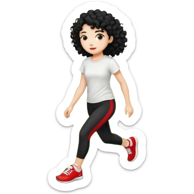 generate a pretty bratz fair skinned girl with curly black hair wearing a white tshirt trekking on a hill with red sneakers on and black leggings sticker