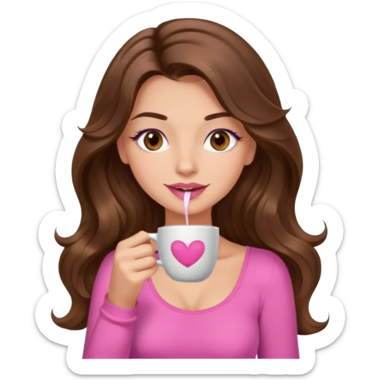girl with long wavy brown hair, brown eyes, light to medium complexion, in a pink sexy top, pink lips, long lashes, sipping coffee sticker