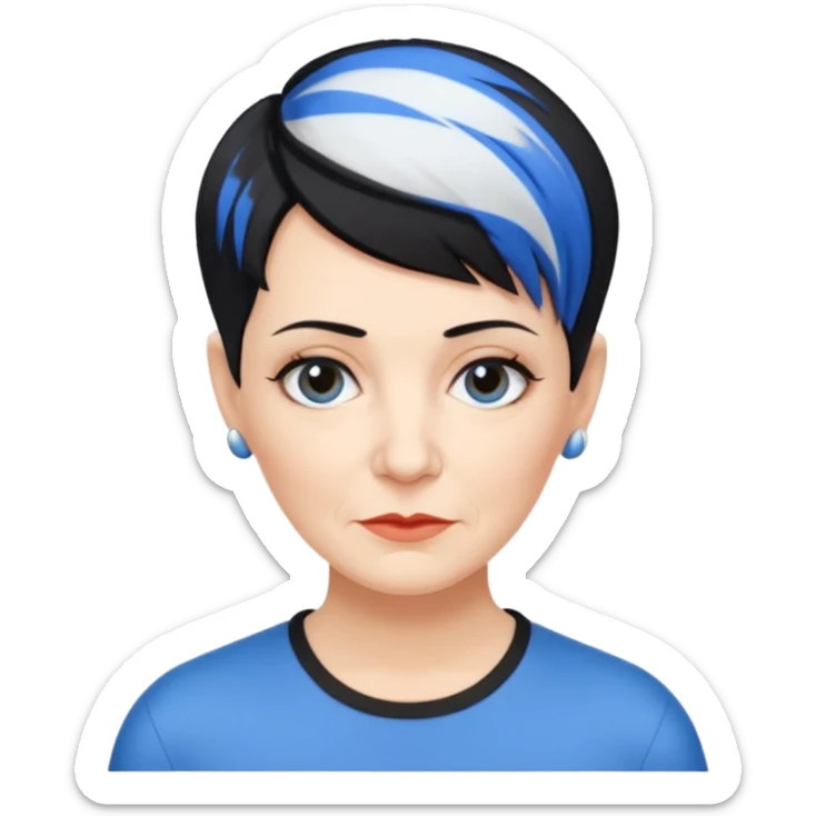 reife frau, kein kind freche extreme schwarze Kurzhaarfrisur eine Seite wirklich fast keine Haare andere Seite mit blauer Strähne kurze Seite noch viel kürzer sticker