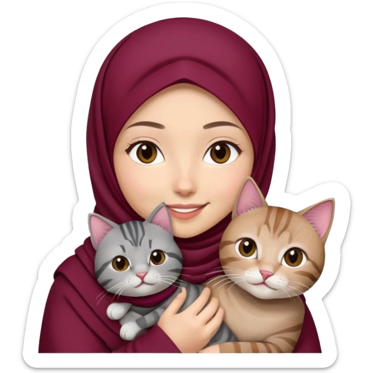 Asian white girl wearing maroon hijab holding a black grey tabby cat with smiling sticker
