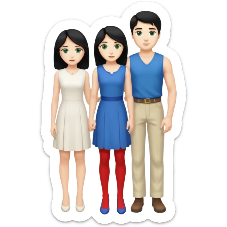 prince, standing upright, black Hair, blue eyes, garment,  woman, bending knee, white sleveless dress, blonde hair, green eyes, sticker