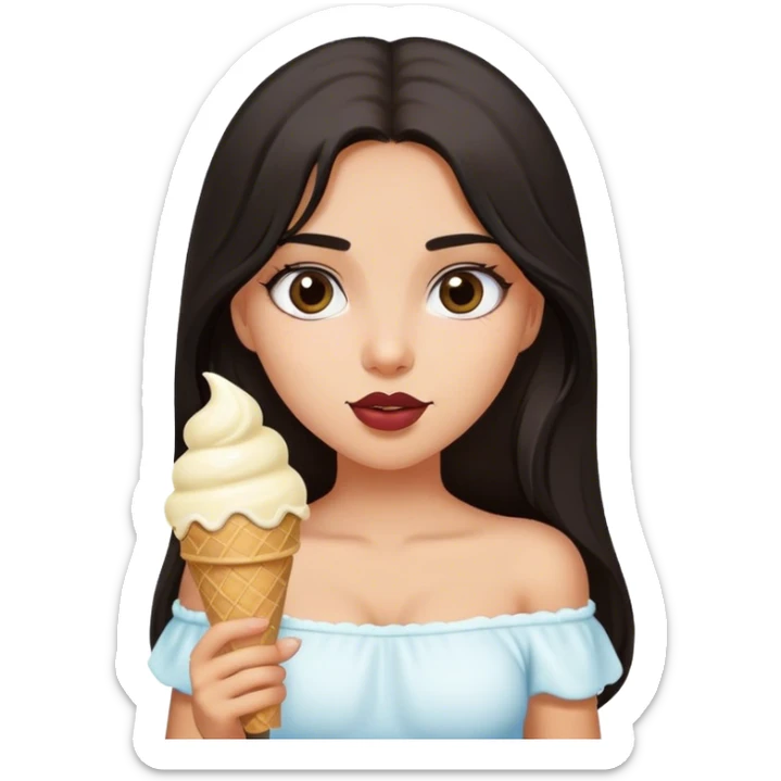 Latina girl with dark long hair and dark eyes wearing white off shoulder top with ice cream cone  sticker