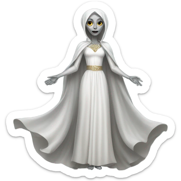 a gray alien woman, full body, in white Romanov dress sticker