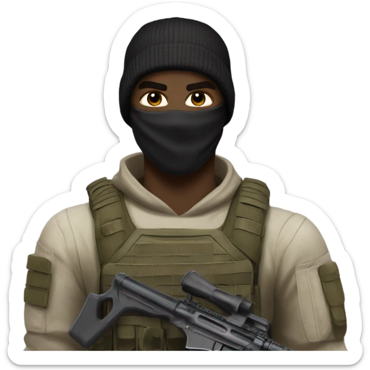 male, pale skin, call of duty black face mask, camo tactical gear, combat boots, black beanie, hazel eyes sticker