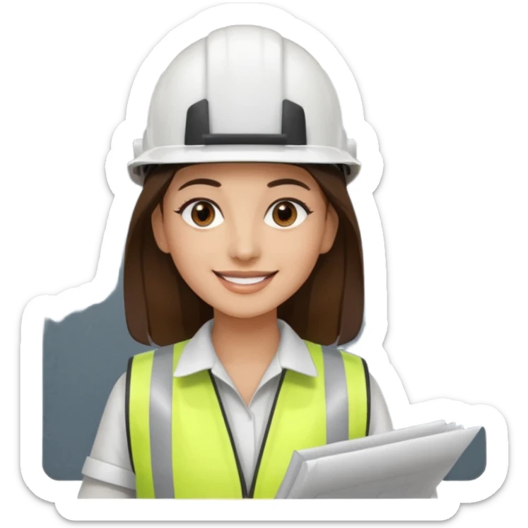 Arquitecta ojos marrones oscuros pestañas piel oliva pelo marron por los hombros sonrie casco blanco chaleco reflectante y material de dibujo técnico sticker