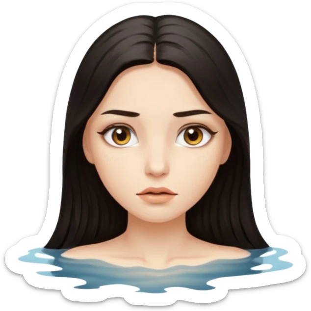 Woman submerged in black water, wet skin and eyes above surface, silent invitation sticker