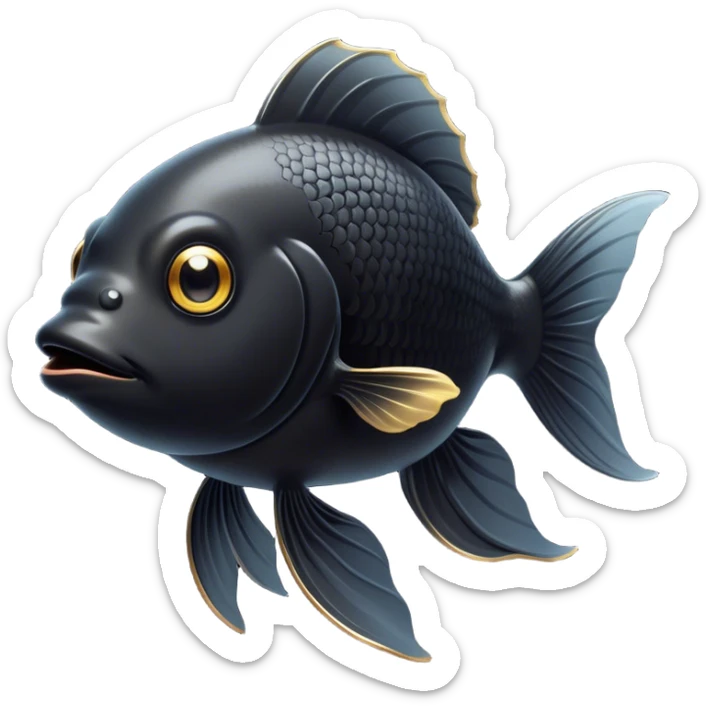 Cinematic Noble Black Goldfish Portrait Emoji, Poised and regal, with a sleek, streamlined build and a lustrous, deep black body, deep-set soulful golden eyes, Simplified yet sharp and sophisticated features, highly detailed, glowing with a soft, dignified glow, high shine, intelligent and graceful, stylized with an air of aquatic elegance, focused and attentive, soft glowing outline, capturing the essence of a watchful and confident aquatic companion, so majestic it feels as though it could glide out of the screen with effortless authority! sticker