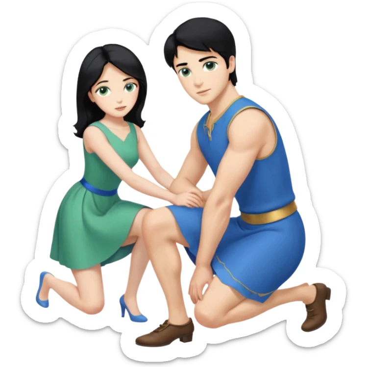 prince, upright, black Hair, blue eyes, blue garment,  Woman, blonde Hair, Green eyes, bending knee, sleveless White Dress, sticker