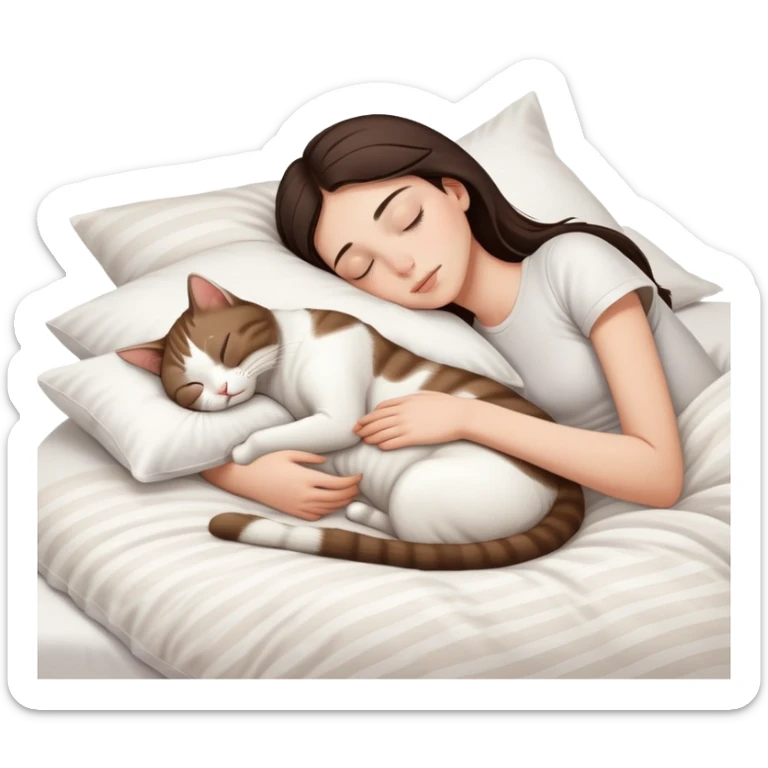 side view Brunette teenage girl sleeping with white cat that has beige stripes on a white pillow with white sheets sticker