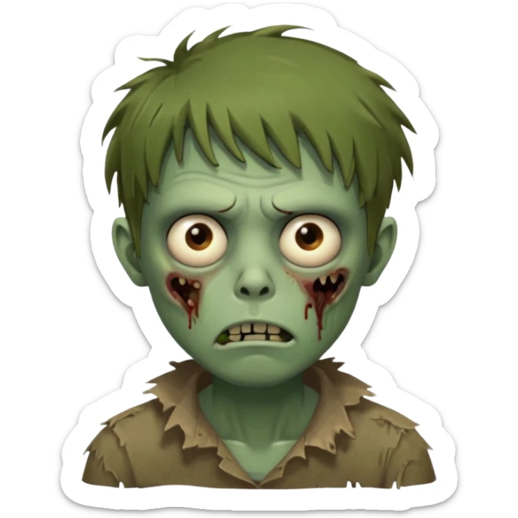 zombie slim youthful face, messy brown fringe, muted green skin tone, tired heavy-lidded eyes with visible under-eye darkness, a neutral slightly bored expression, and an overall low-energy, sleep-deprived, mentally fried vibe, sticker
