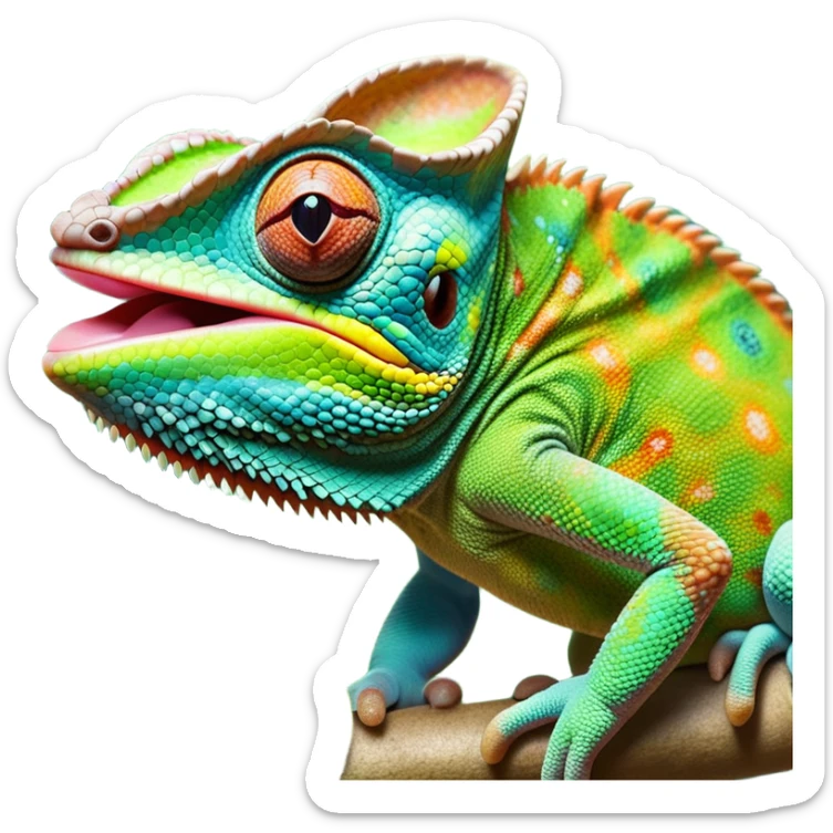 cinematic giant-tongue out chameleon-realistic emoji, mouth wide open with tongue out catching prey, -blending-with-vibrant-greenery.-detailed-scales-in-shifting-colors,-showing-the-chameleon’s-ability-to-camouflage.-soft-natural-light-highlights-its-texture.-light-background, zoomed into its face sticker