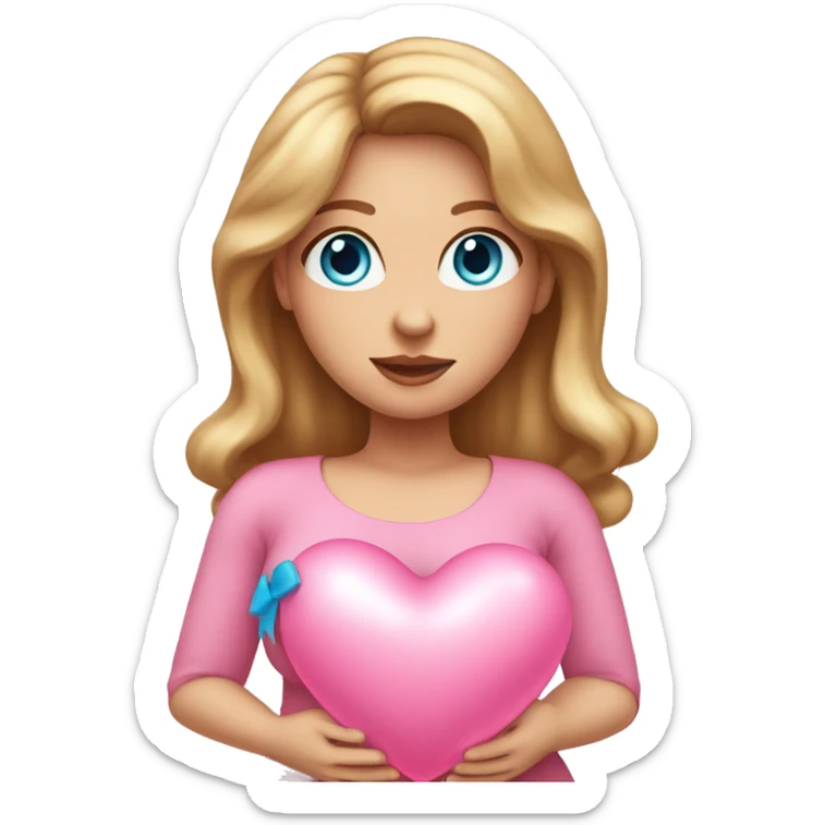 White pregnant lady, with Long Light Brown hair and blue eyes. She is wearing a tight pink dress and a bow,  standing and holding two pink heart balloons. sticker