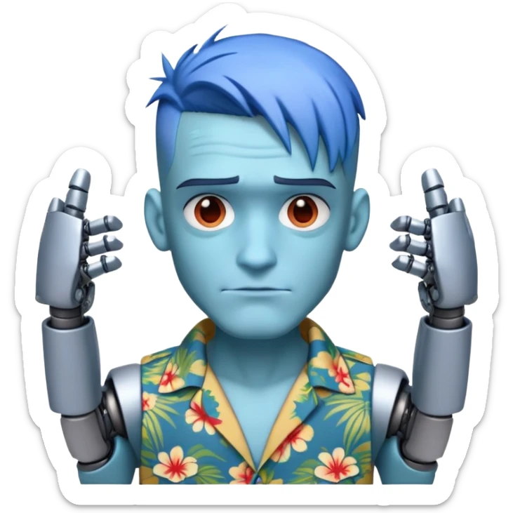 Franky with blue hair, metal nose, Hawaiian shirt, robotic arms sticker