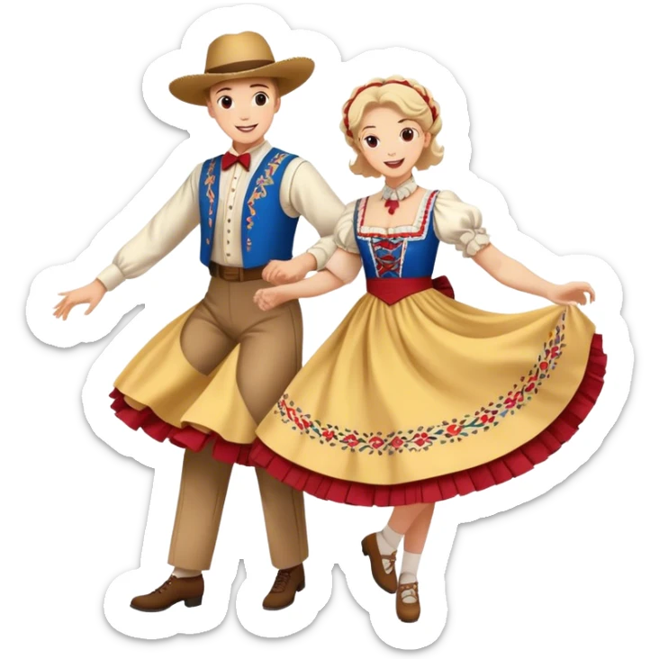 Cinematic Realistic scene of two square dancers in traditional American folk costumes, captured in joyful, coordinated motion with vibrant, rustic lighting that highlights their cultural heritage sticker