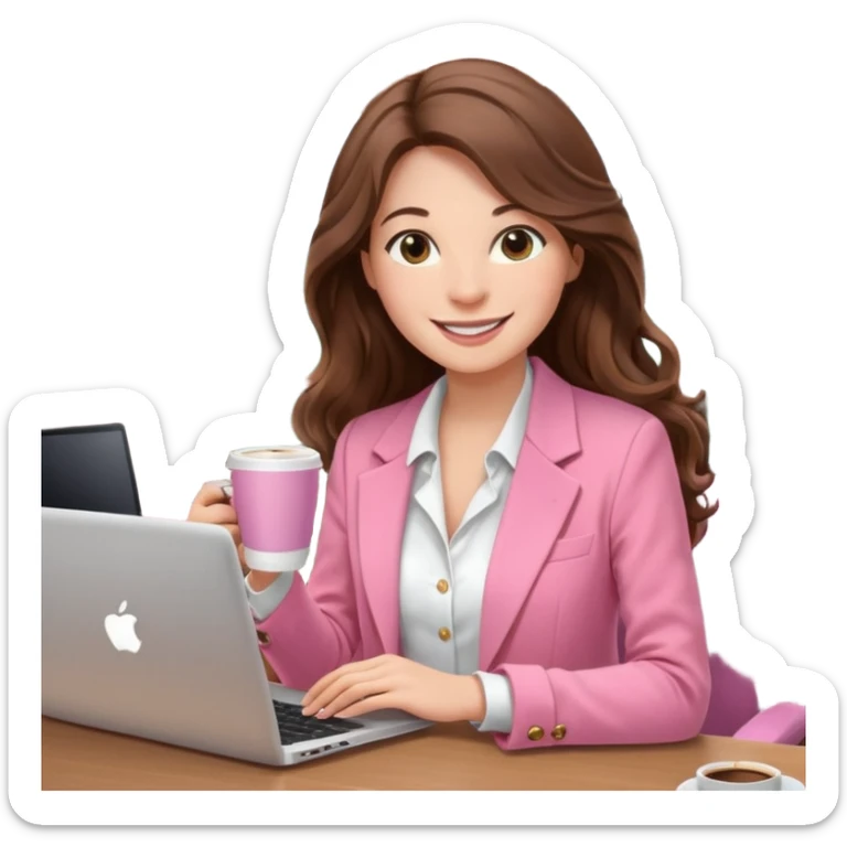 smiling woman with long wavy brown hair, pink blazer, white top, holding coffee and working on laptop — cozy home office background sticker