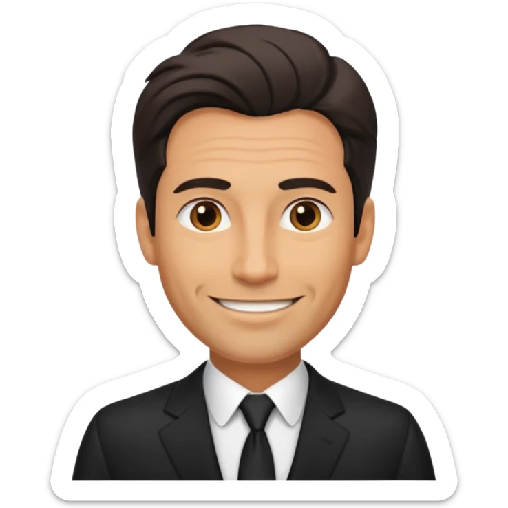 A very handsome successful man in his 40s. Day hair. Wearing black  Looks like a lawyer. sticker