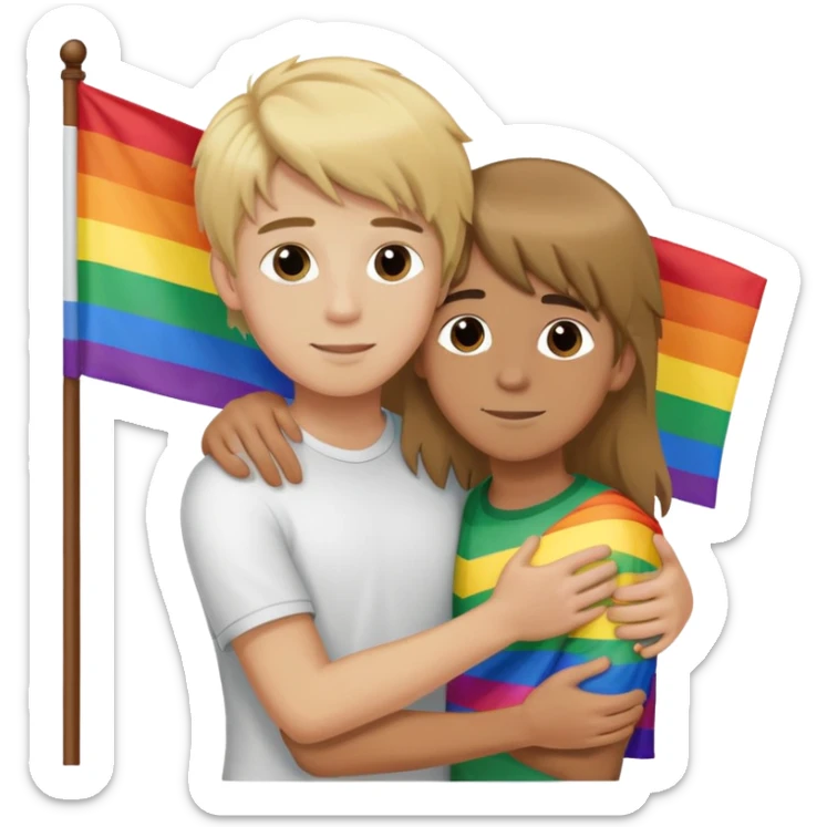 un garçon blond cheveux long qui embrasse un garçon brun cheveux long avec un drapeau lgbt sticker