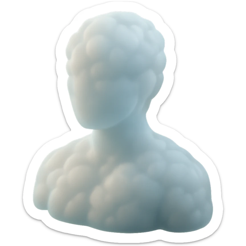 person made entirely of pure white puffy clouds, shoulders up, front view, matte glass style sticker