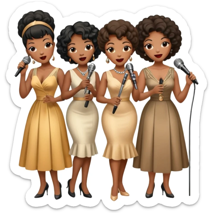 a band of Black female jazz singers in vintage dresses, holding microphones, singing together sticker