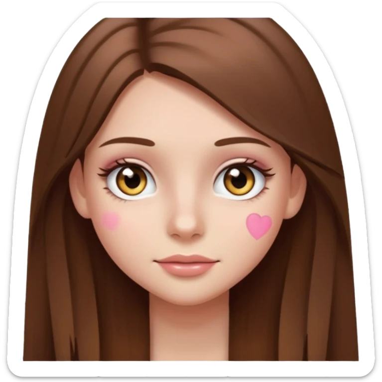 teenage girl with straighter long brown hair, hazel eyes, wearing blush and mascara, emoji style sticker