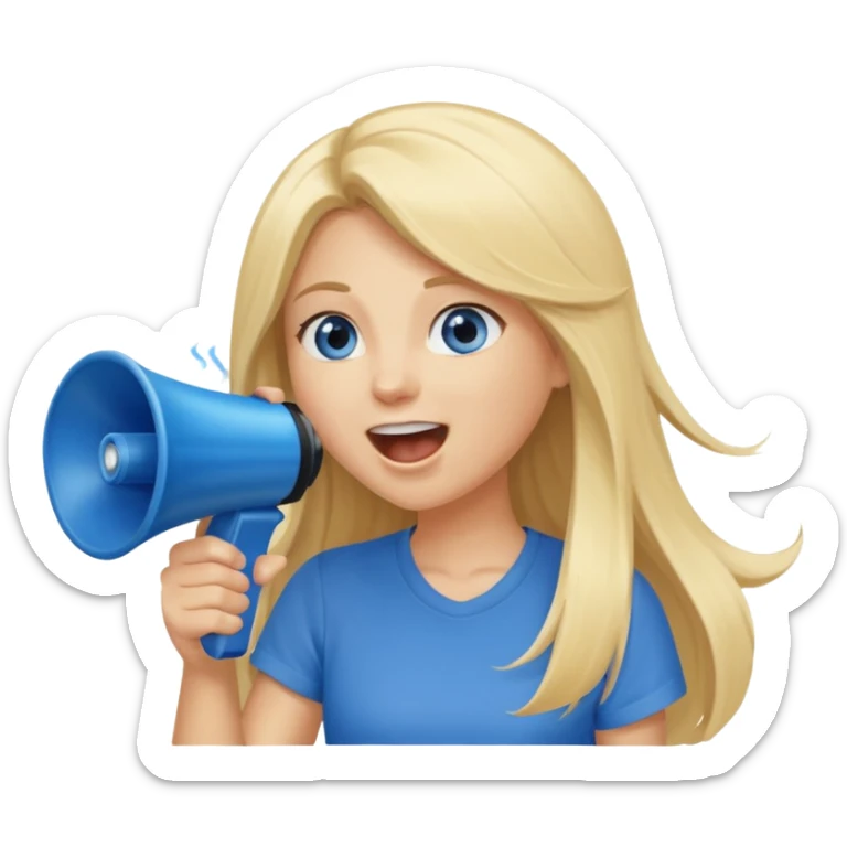  blue eyes blonde girl yelling into megaphone smiling long hair sticker