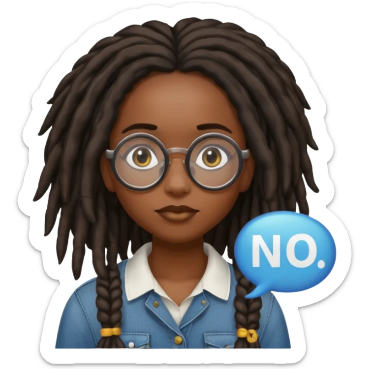 darker skin female with dark dreadlock hair wearing large round glasses with a word bubble that says no sticker