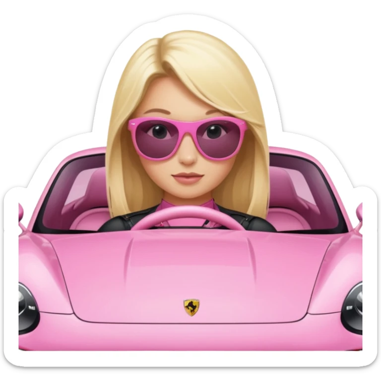Pink porsche taycan with blonde girl in front of it sticker