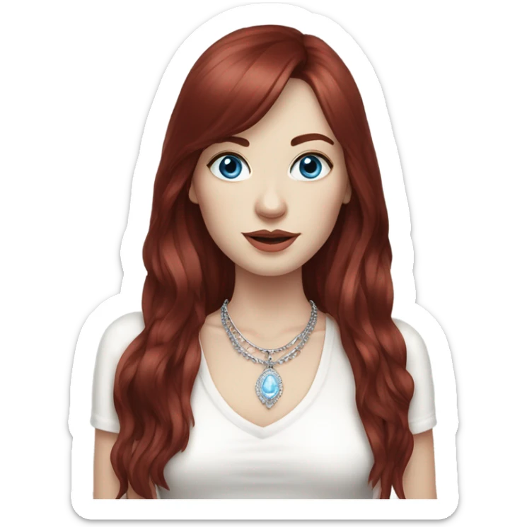 woman with pale skin, blue eyes and long dark red hair with layers and fringe bangs, wearing a white top and silver jewellery sticker