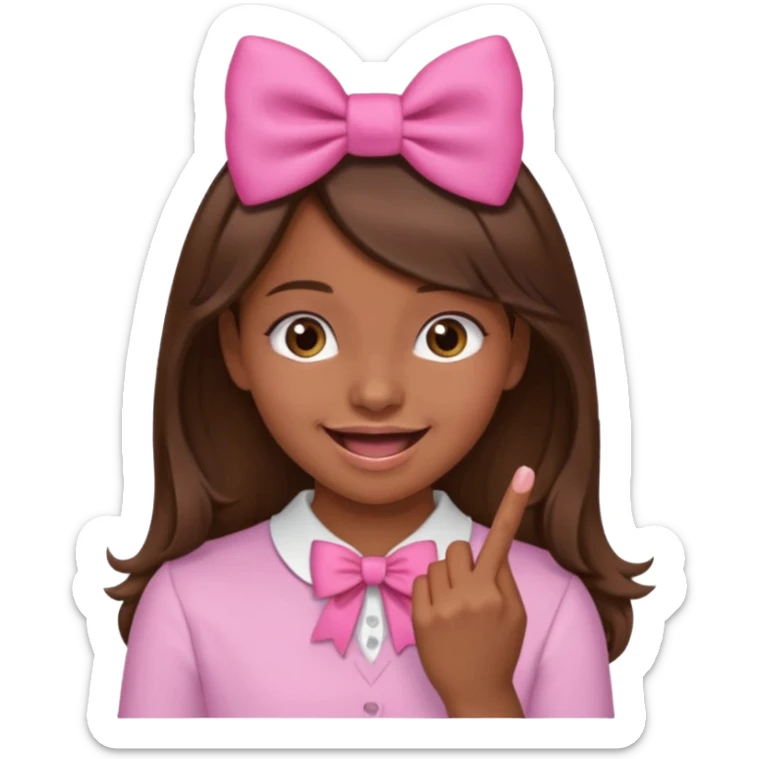 Chica con pelo marron sonriendo con un lazo rosa en la cabeza y mordiendose la punta del dedo indice con delicadeza y la otra mano que no salga en el emoji sticker