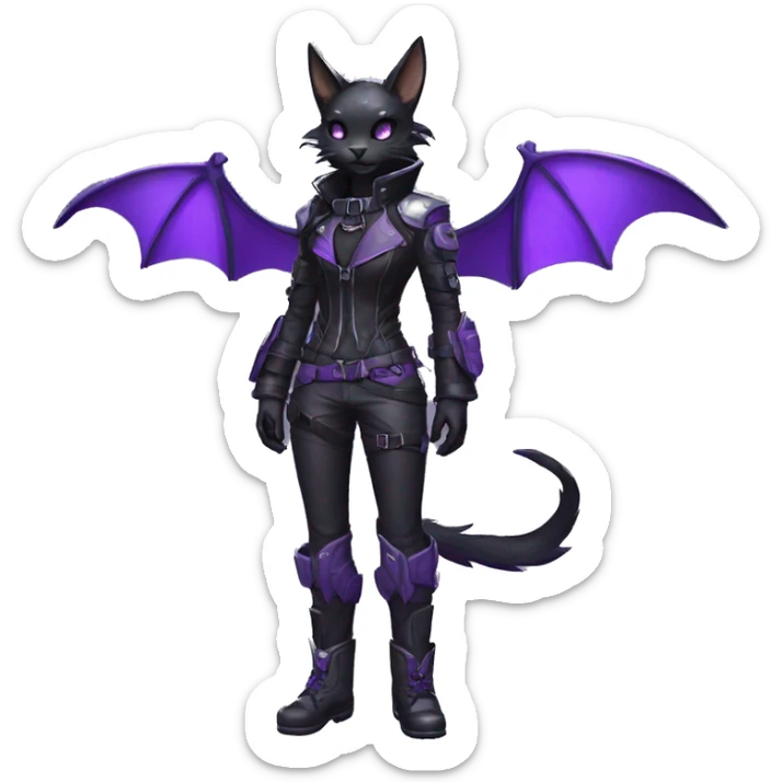 Anthro cool cute edgy pretty black techwear grey Purple ethereal fantasy nargacuga-bat-cat-Fakemon collar harness leather pouch full body sticker