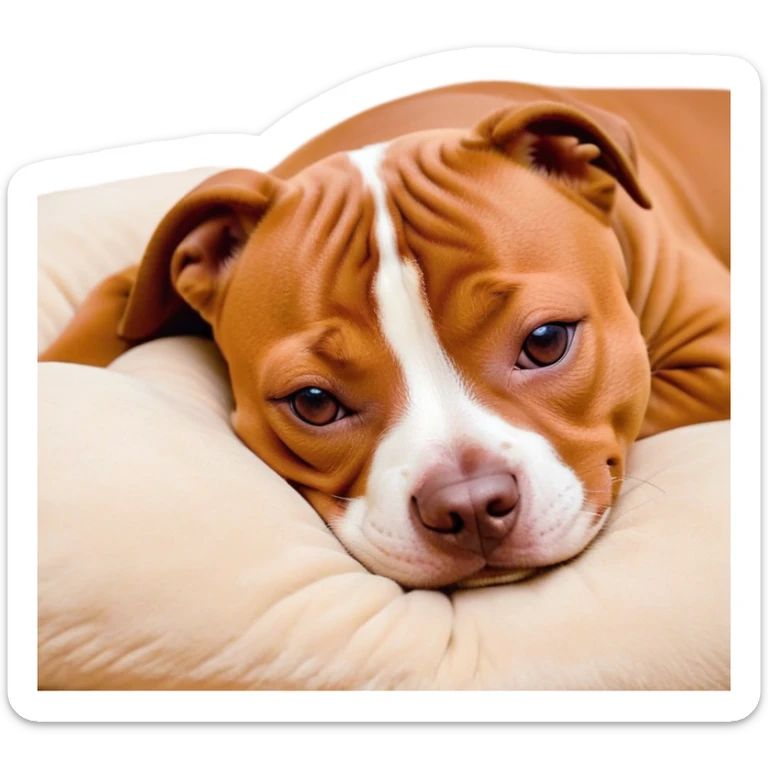 Meme-Worthy Cute Sleeping Red/Fawn Staffordshire Bull Terrier Portrait Emoji, Head resting peacefully with a contented smile, showcasing a delightfully compact build and a luxuriously soft red/fawn Fur with subtle white highlights, eyes shut in a serene nap, Simplified yet hilariously adorable features, highly detailed, glowing with a soft, drowsy light, high shine, relaxed and utterly lovable, stylized with an air of playful laziness, bright and heartwarming, soft glowing outline, capturing the essence of a comically sleepy guardian, so meme-worthy it feels like it could instantly become the next viral sensation of adorable slumber! sticker