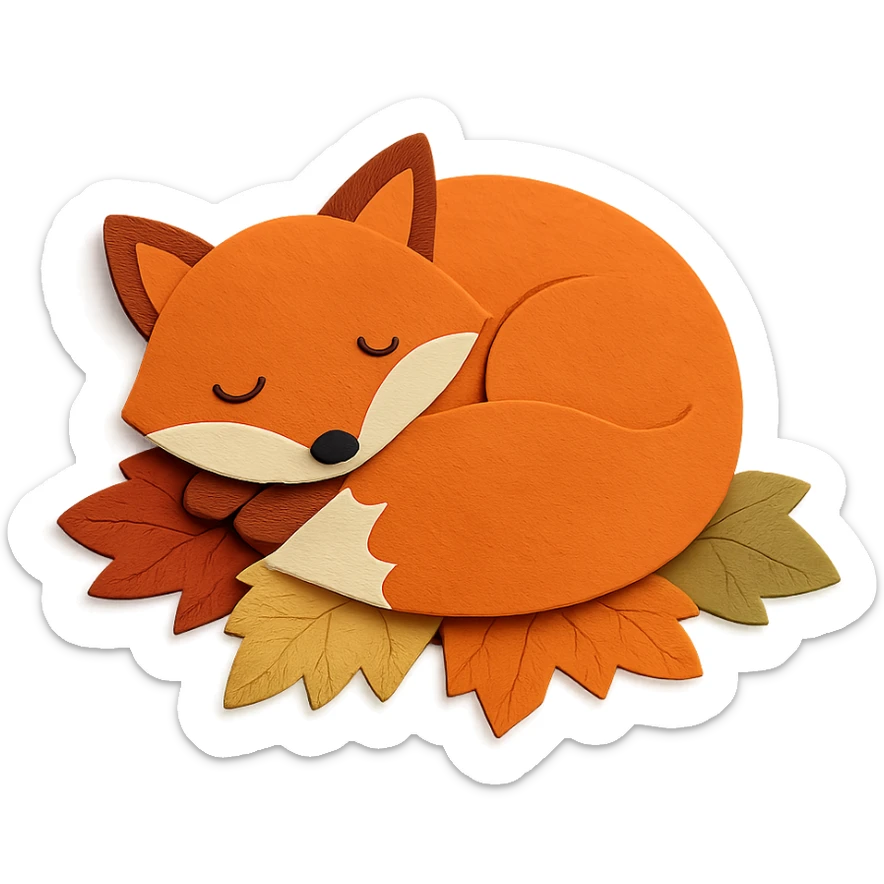 sleepy fox curled up on a pile of autumn leaves, paper-craft style sticker